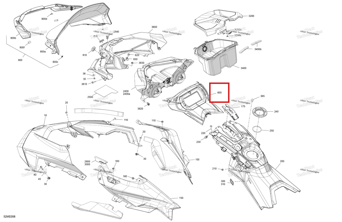 Деталь 517307676 на схеме узла 2025 Ski-Doo MXZ - 600 EFI - SPORT - BHSA - Neo Yellow - 137X15X1.25RS Track Body - Hood