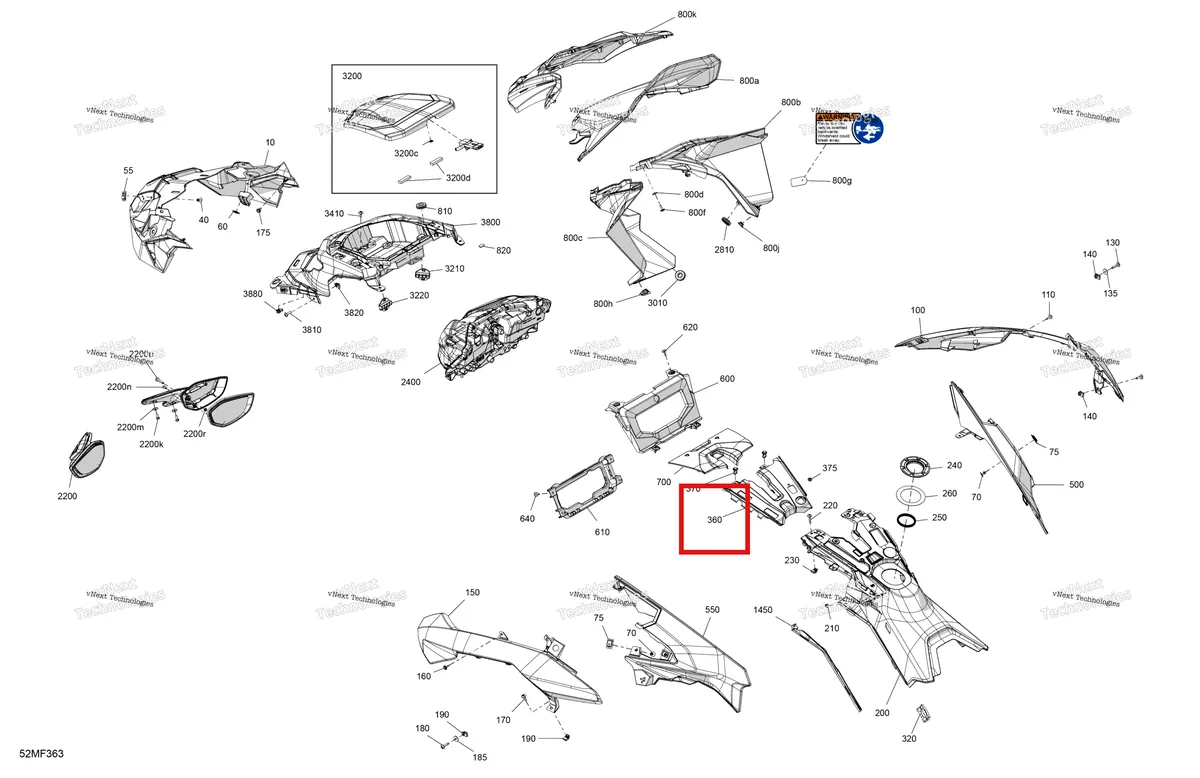 Деталь 517309794 (Передний консоль Ski-Doo Summit X 850 E-TEC Turbo R (2026) (517309794)) на схеме узла 2026 Ski-Doo GRAND TOURING - LE - 900 ACE - EBTA - Deep Black - 15X137X1.25ST3 Track Body - Hood