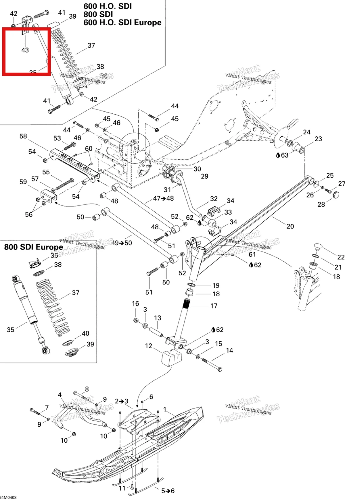 Деталь 518317518 на схеме узла 2004 Ski-Doo Legend 600 HO SDI Front Suspension And Ski