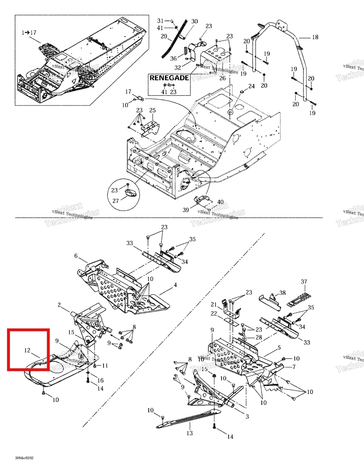 Деталь 518319760 (Деталь R.h. Bottom Pan Plate. Ranger 600. Ranger 600) на схеме узла 2002 Ski-Doo MX Z 500/600/700/800 Frame - Front