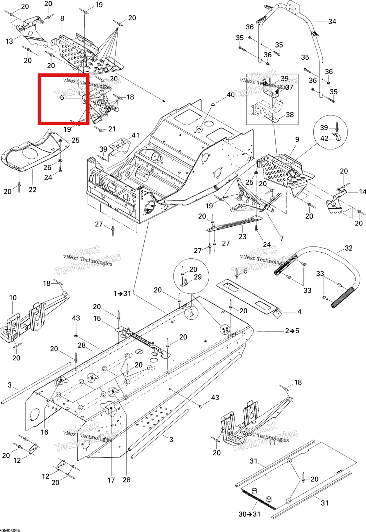 Деталь 518320506 (Деталь R.h. Support) на схеме узла 2005 Ski-Doo Legend V-1000 Frame, 1 Passenger Seat