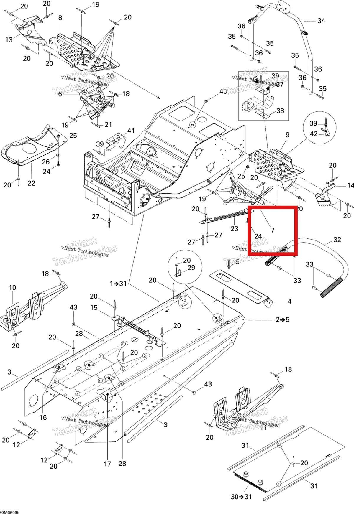 Деталь 518320507 (Деталь L.h. Support) на схеме узла 2005 Ski-Doo Legend V-1000 Frame, 1 Passenger Seat