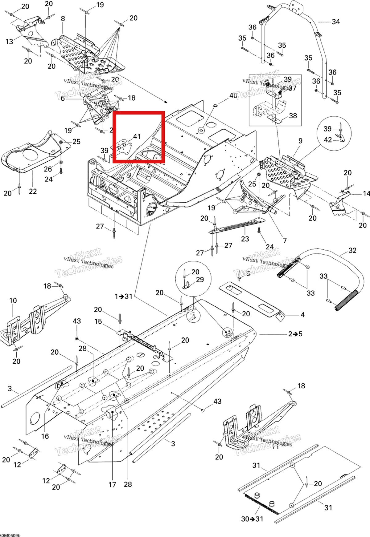 Деталь 518322635 (Поддержка Глушитель) на схеме узла 2005 Ski-Doo Legend V-1000 Frame, 1 Passenger Seat