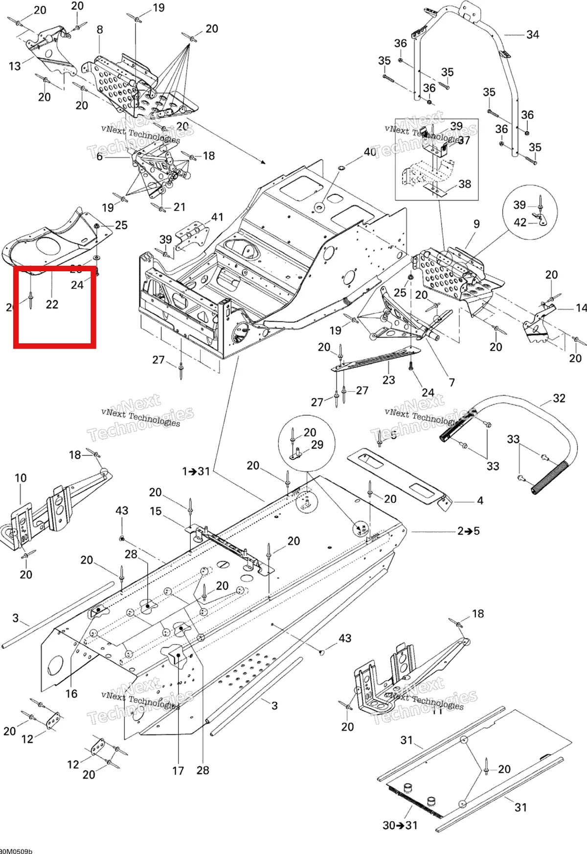 Деталь 518322636 (Деталь Rh Bottom Pan Plate) на схеме узла 2005 Ski-Doo Legend V-1000 Frame, 1 Passenger Seat