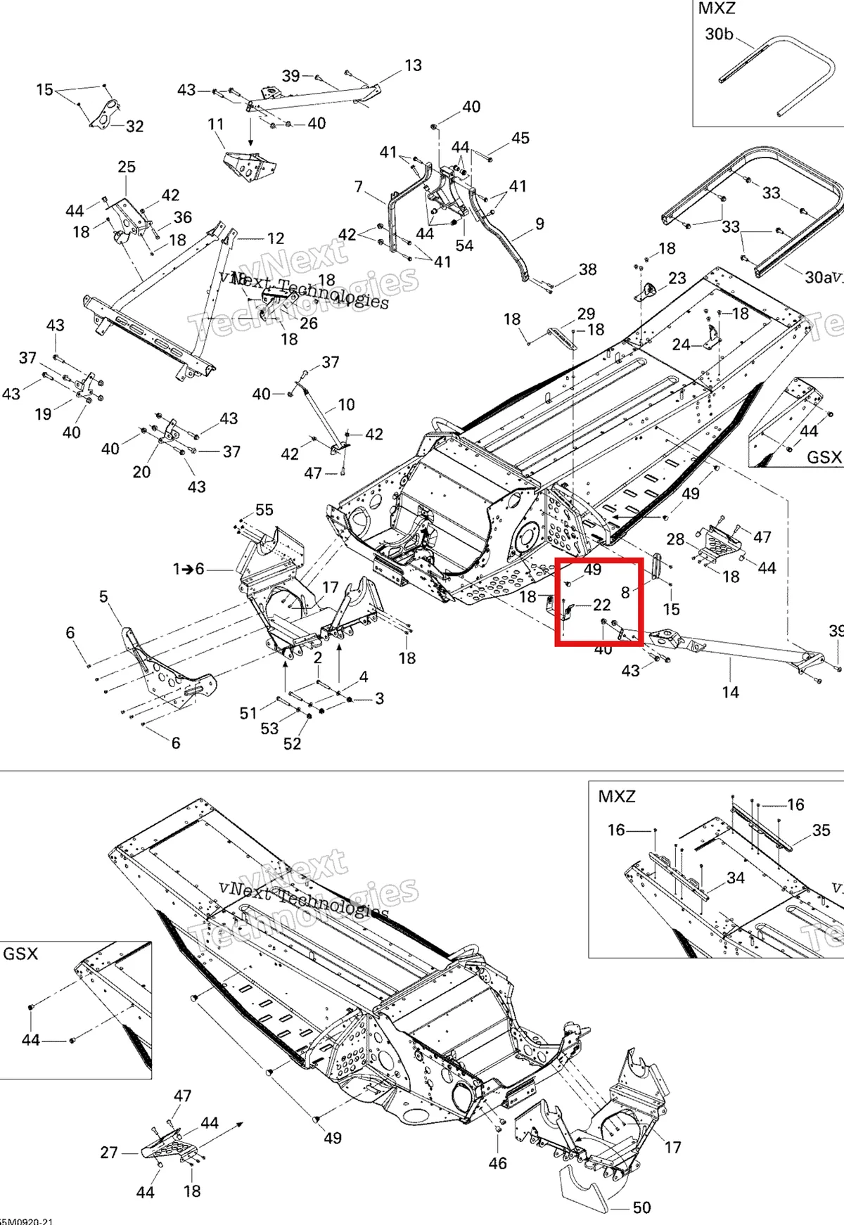 Деталь 518322726 (Пластина) на схеме узла 2009 Ski-Doo GSX Fan Frame And Components