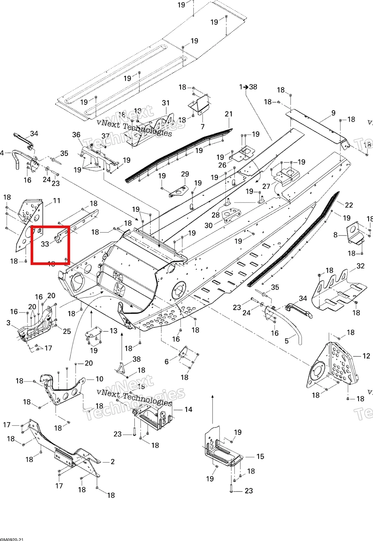 Деталь 518323328 (Деталь Rh Tunnel Stiffener) на схеме узла 2009 Ski-Doo GSX Fan Frame