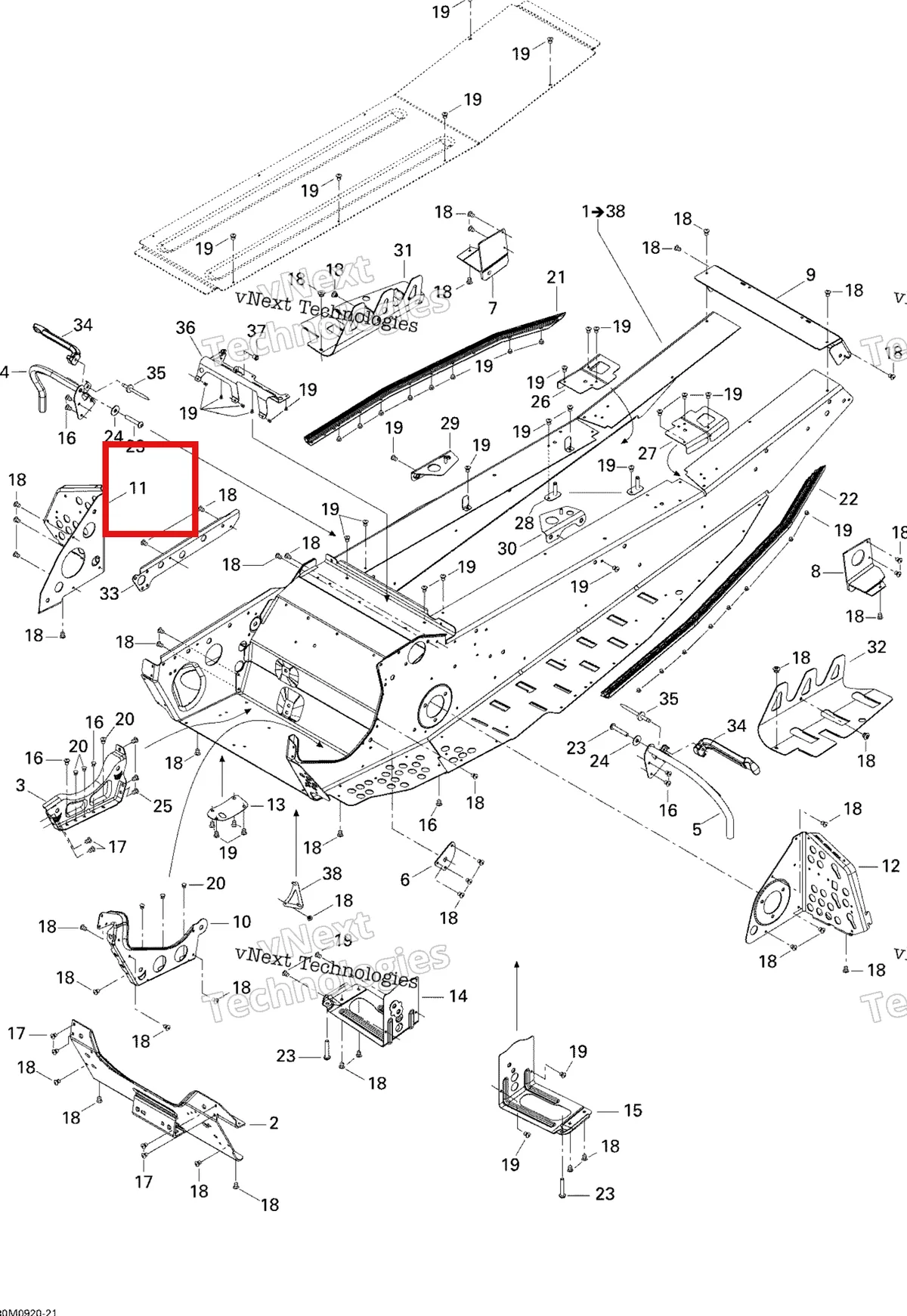 Деталь 518323805 (Деталь Rh Footrest Reinforcement) на схеме узла 2009 Ski-Doo GSX Fan Frame
