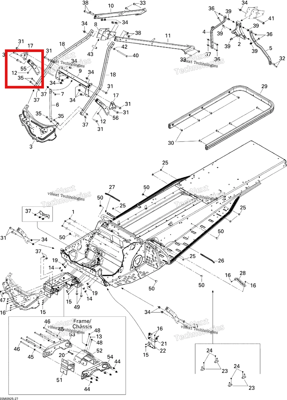 Деталь 518324214 (Деталь Rh Vertical Tube) на схеме узла 2009 Ski-Doo Skandic Tundra LT 550F Frame And Components