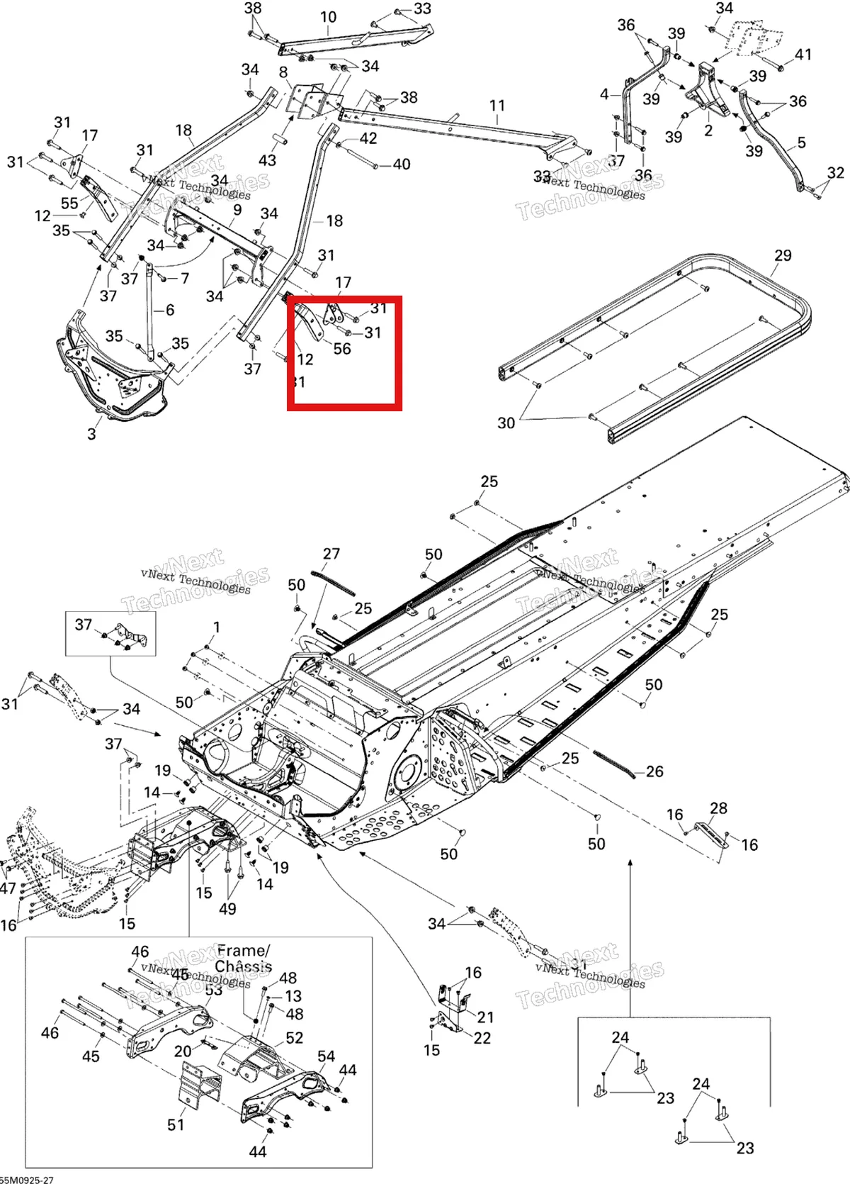 Деталь 518324215 (Деталь Lh Vertical Tube) на схеме узла 2009 Ski-Doo Skandic Tundra LT 550F Frame And Components