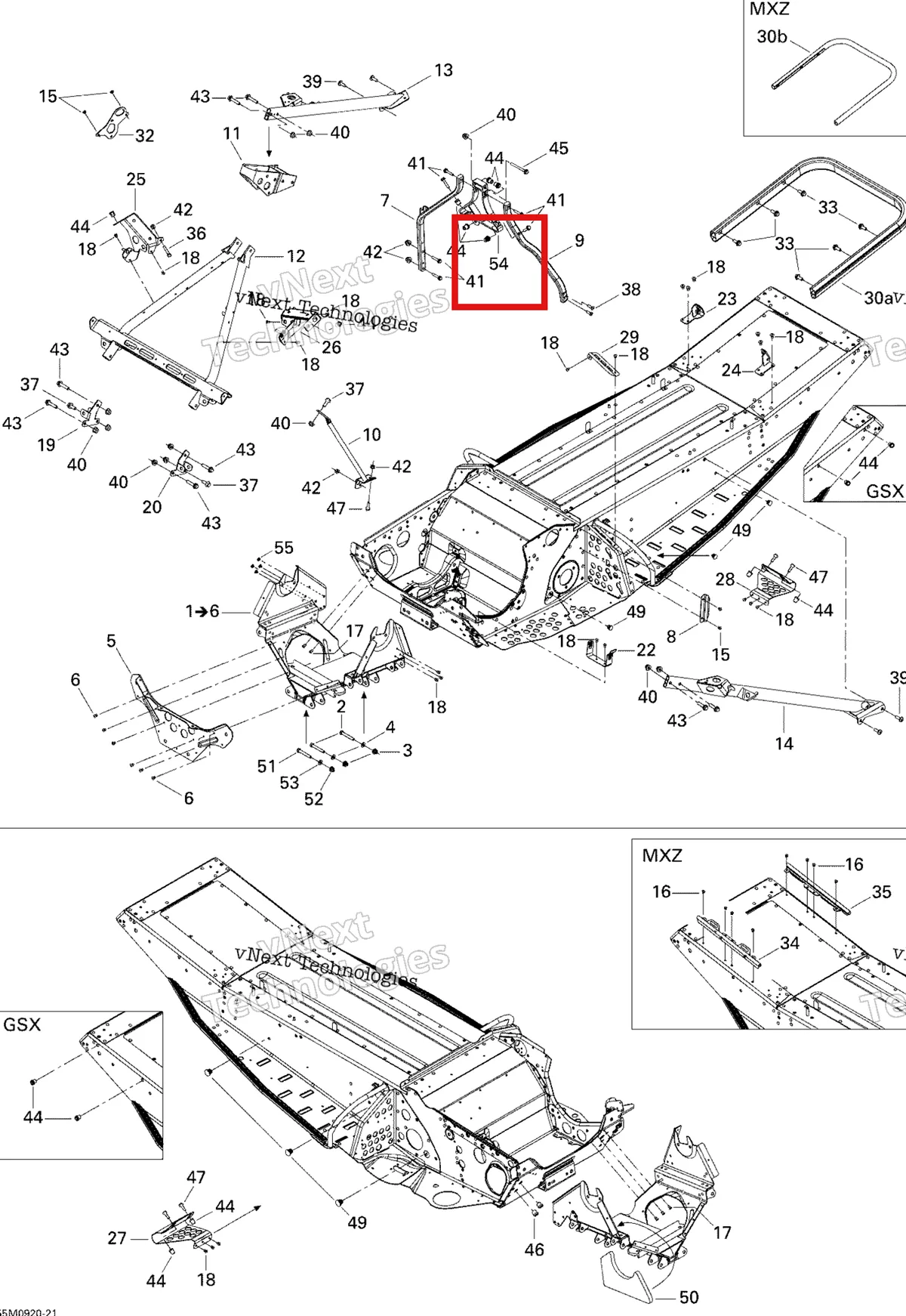 Деталь 518324377 (Деталь Center Stiffener) на схеме узла 2009 Ski-Doo GSX Fan Frame And Components