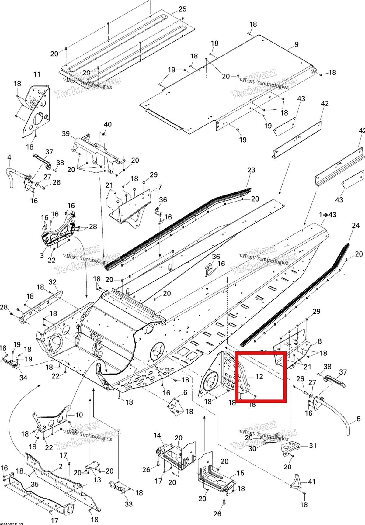 Деталь 518324527 (Деталь Lh Footrest Reinforcement) на схеме узла 2009 Ski-Doo Skandic Tundra LT 550F Frame