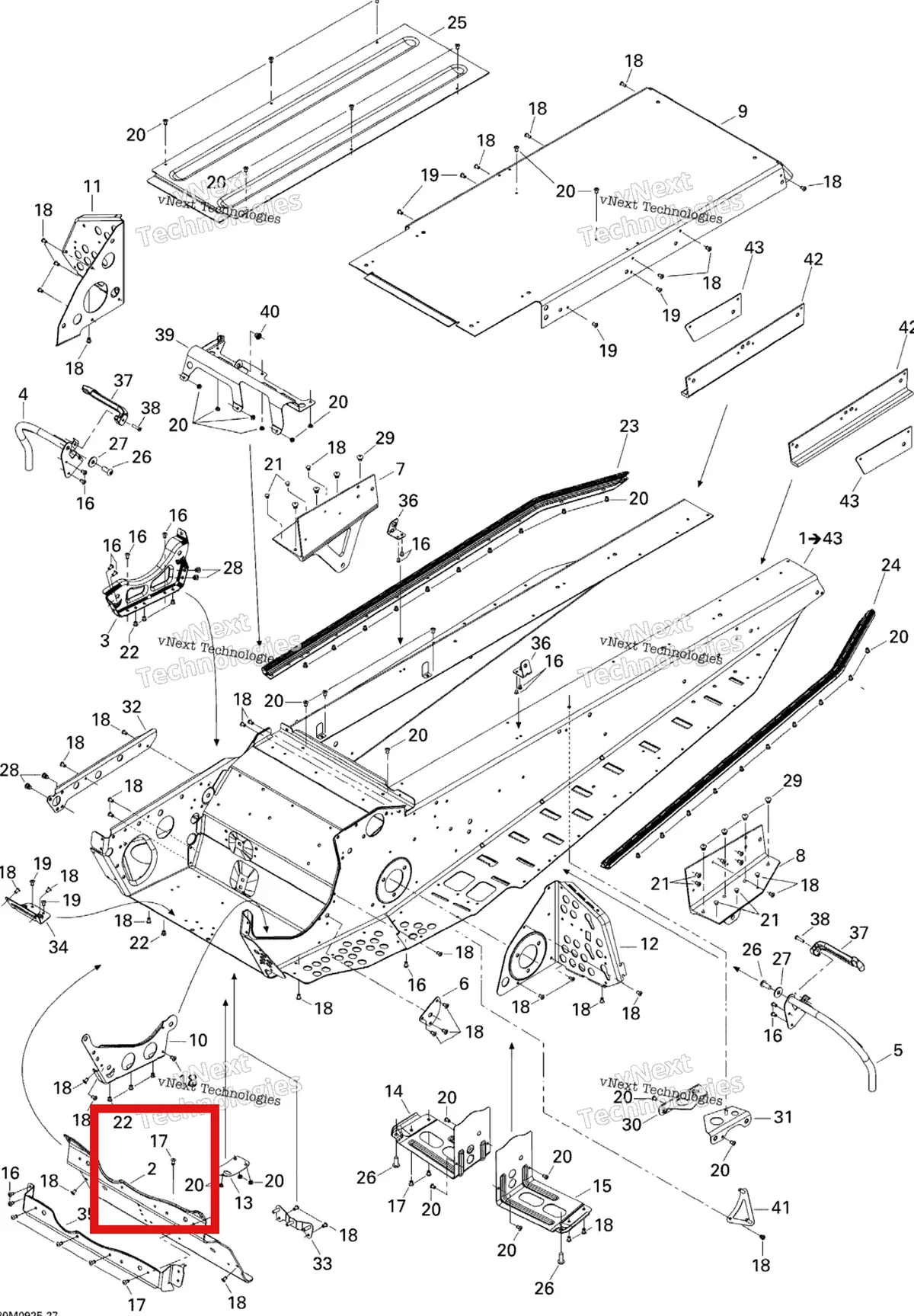 Деталь 518325042 (Деталь Front Pan) на схеме узла 2009 Ski-Doo Skandic Tundra LT 550F Frame