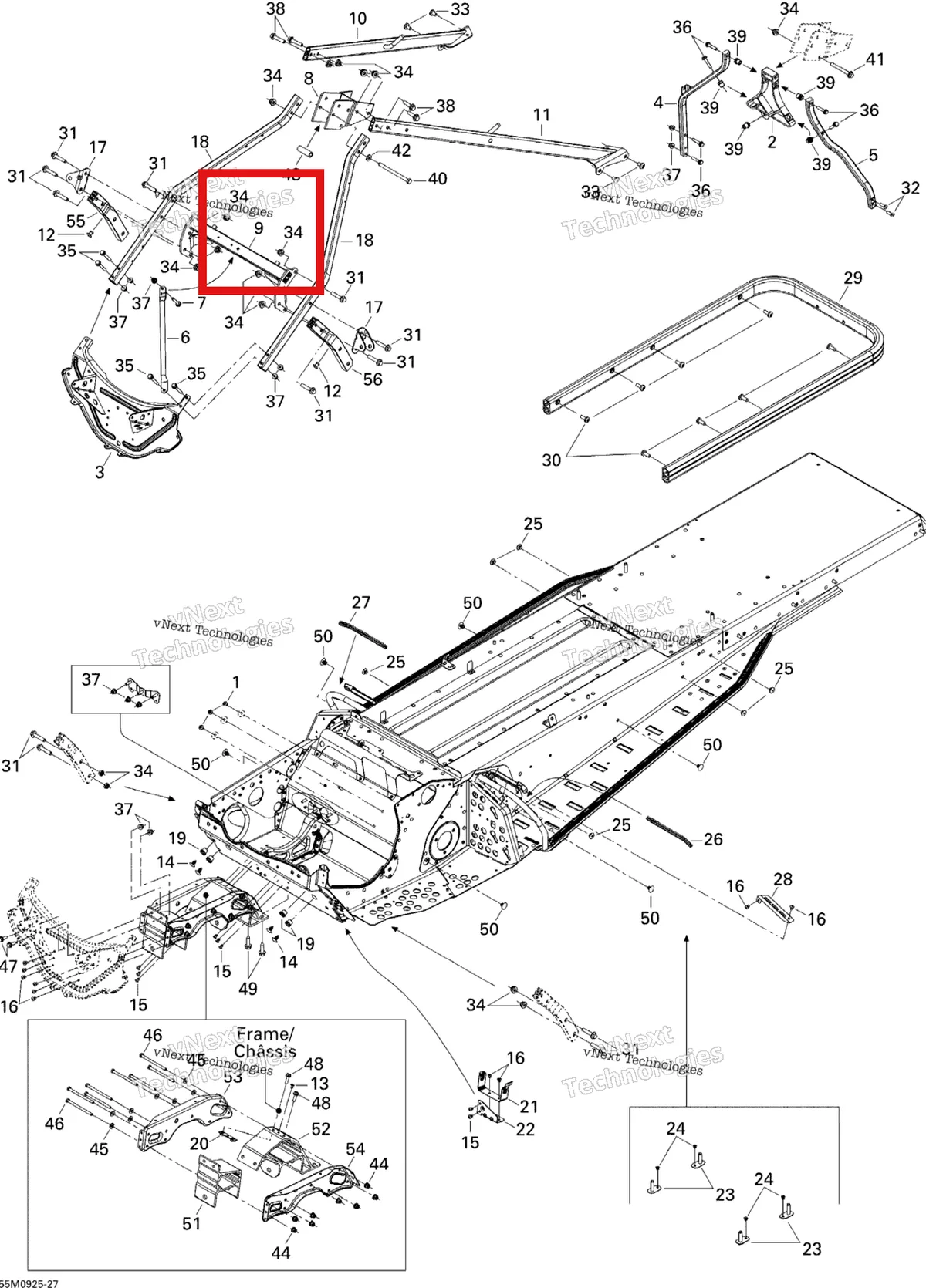 Деталь 518325150 (Деталь Upper Cross Member) на схеме узла 2009 Ski-Doo Skandic Tundra LT 550F Frame And Components