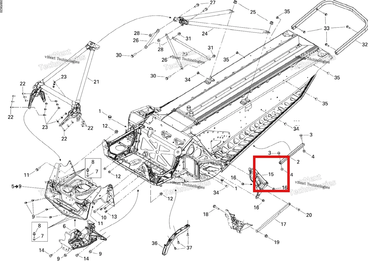 Деталь 518325356 (Деталь Driven Pulley Support) на схеме узла 2008 Ski-Doo MX Z 600RS Frame And Components