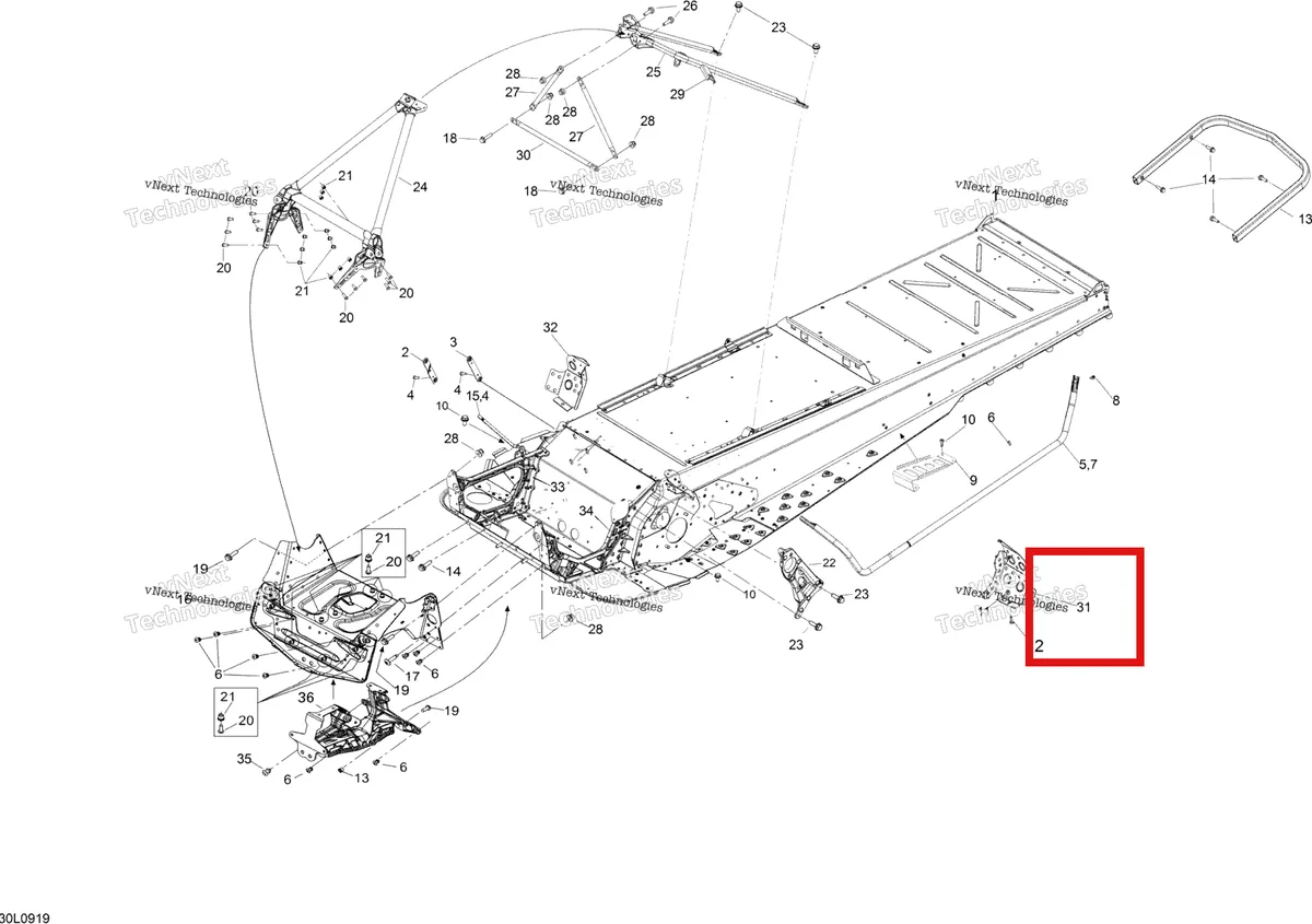 Деталь 518325528 (Деталь Footrest L.h.) на схеме узла 2009 Ski-Doo Expedition TUV 600 H.O. SDI REV-XU Frame