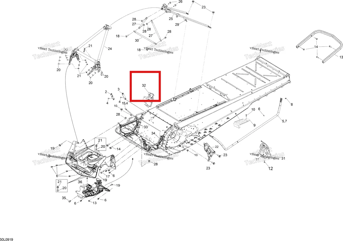 Деталь 518325529 (Деталь Footrest R.h.) на схеме узла 2009 Ski-Doo Expedition TUV 600 H.O. SDI REV-XU Frame