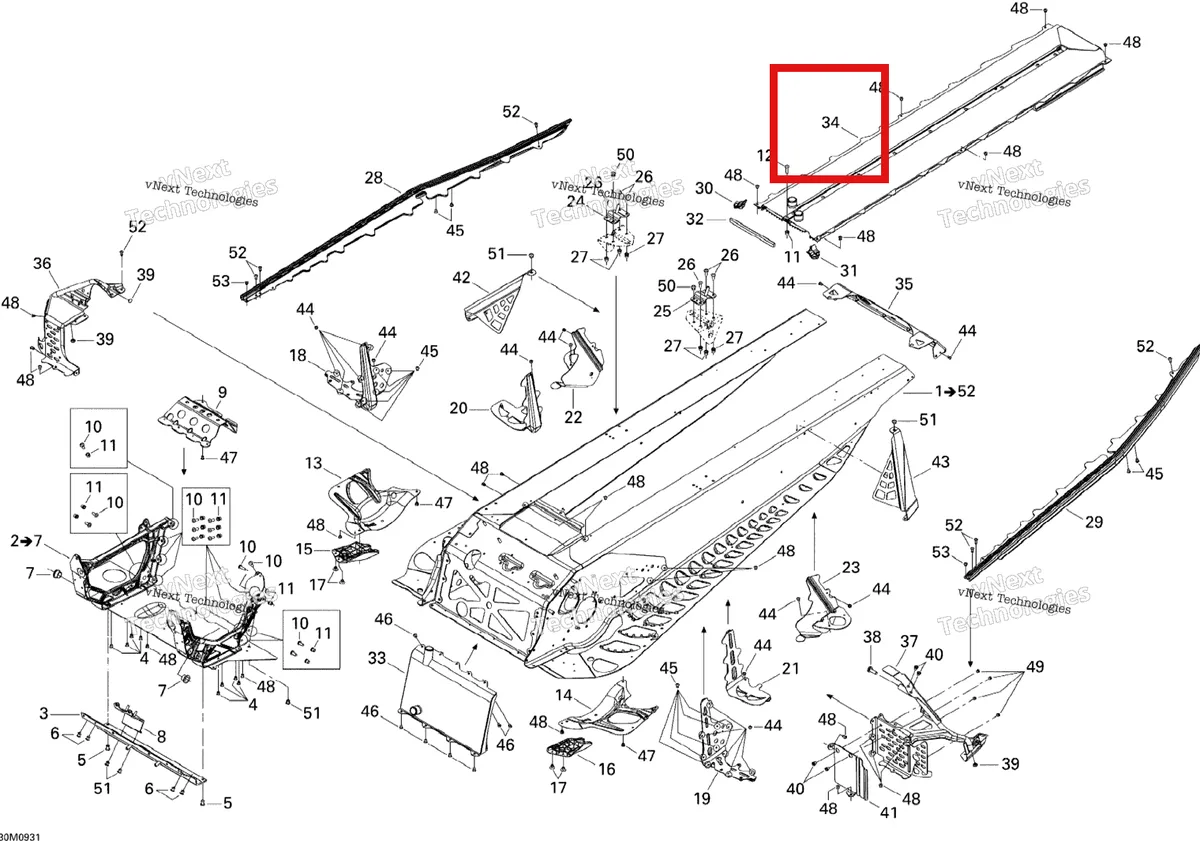 Деталь 518325719 (Деталь Rear Radiator. Includes 29 To 30) на схеме узла 2009 Ski-Doo MX Z X 600RS Frame
