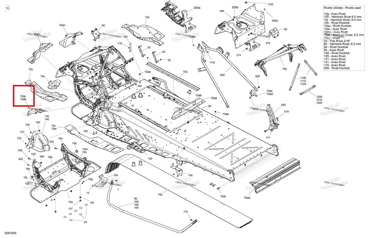 Деталь 518326430 (Деталь Clinch Nut Plate) на схеме узла 2019 Ski-Doo EXPEDITION LE-SE 600HO E-TEC Frame