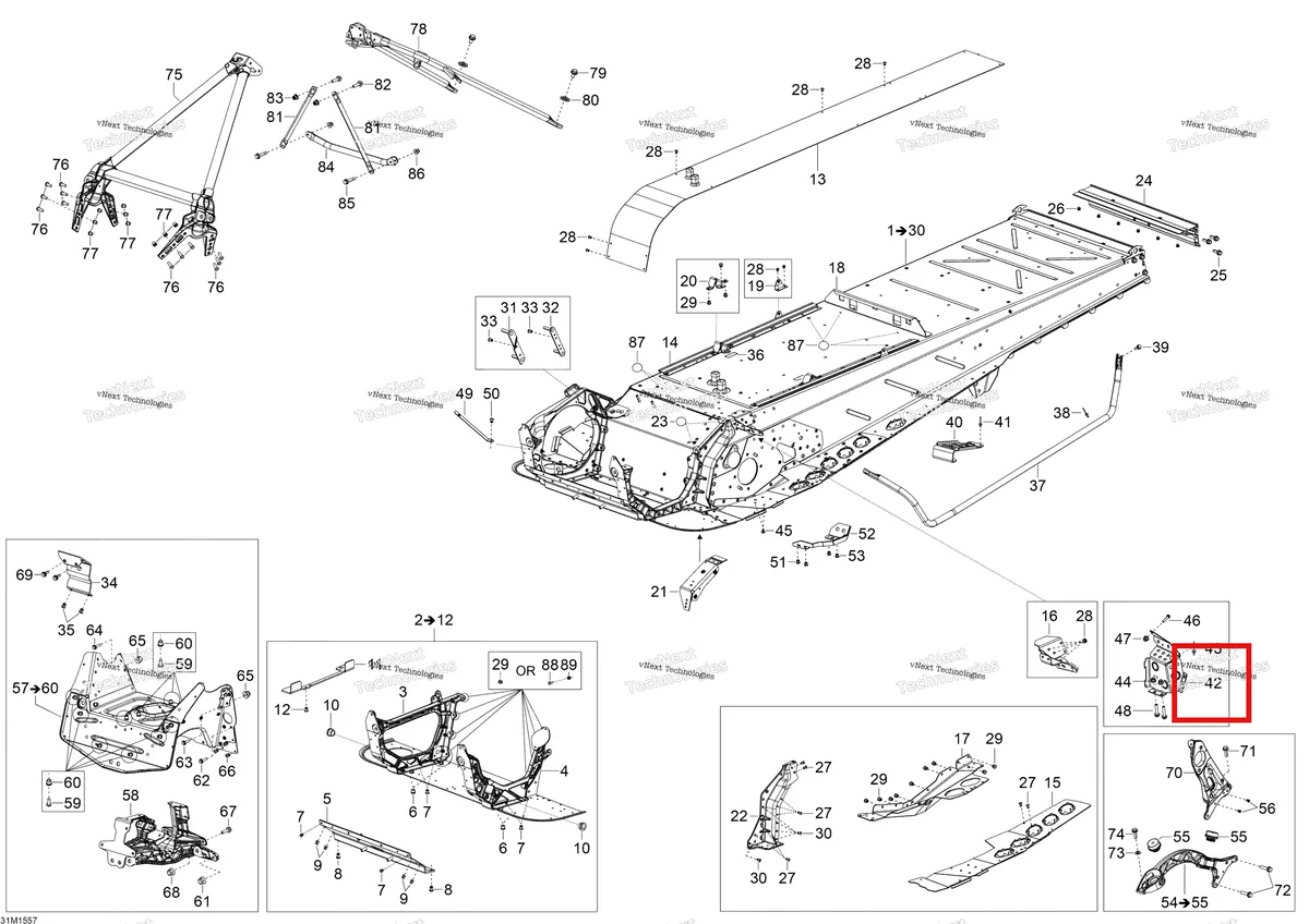 Деталь 518326464 (Деталь Toe Hook Lh) на схеме узла 2015 Ski-Doo EXPEDITION LE 1200 4-TEC Frame