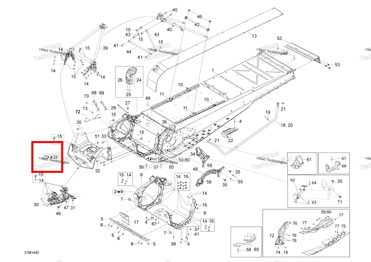 Деталь 518327157 (Деталь Module S Drilled) на схеме узла 2014 Ski-Doo EXPEDITION SE 1200 XU Frame And Components