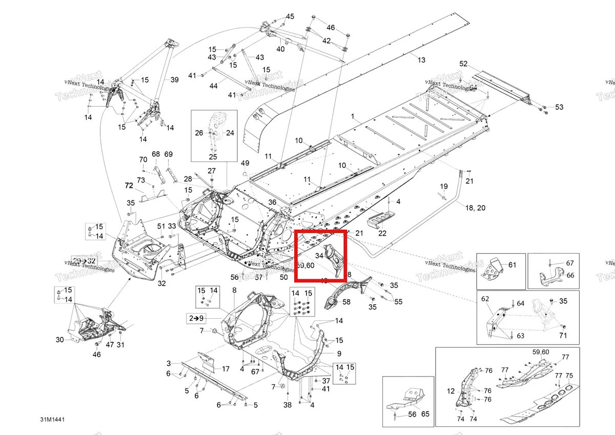 Деталь 518327644 (Деталь Pulley Support Mach.) на схеме узла 2014 Ski-Doo EXPEDITION LE 1200 XU Frame