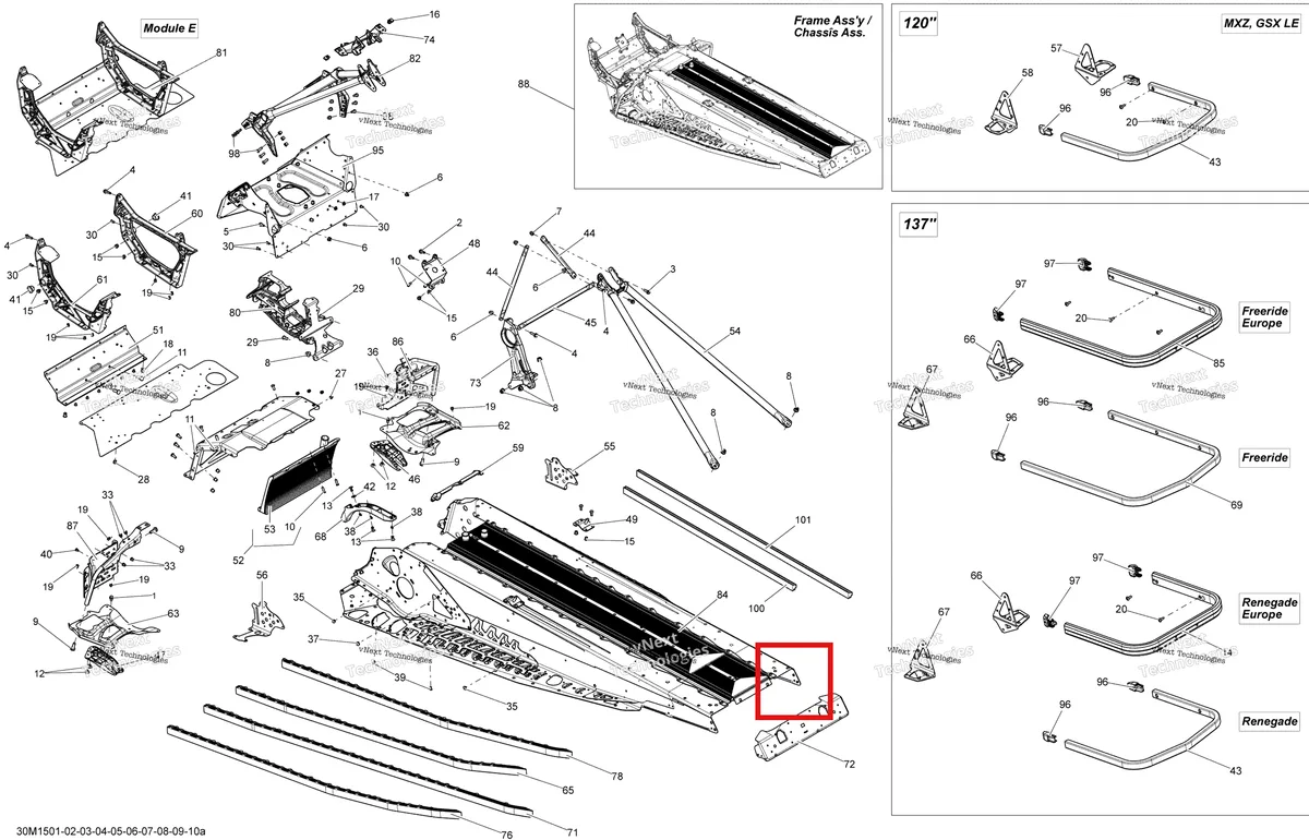 Деталь 518327841 (Деталь Stirrup Rh) на схеме узла 2015 Ski-Doo FREERIDE 800RETEC XM-RS, 137 Frame 137