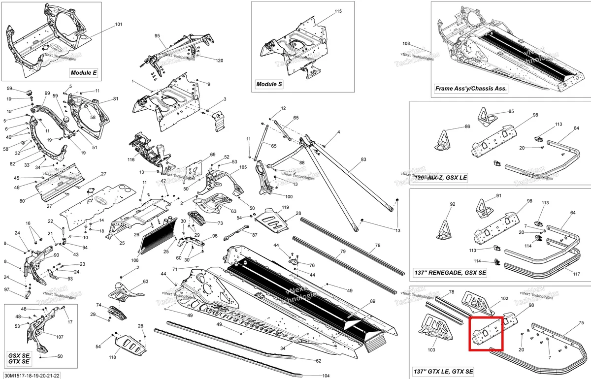 Деталь 518327863 (Деталь Stirrup Rh) на схеме узла 2015 Ski-Doo GRAND TOURING LE 1200 XR137 Frame Le