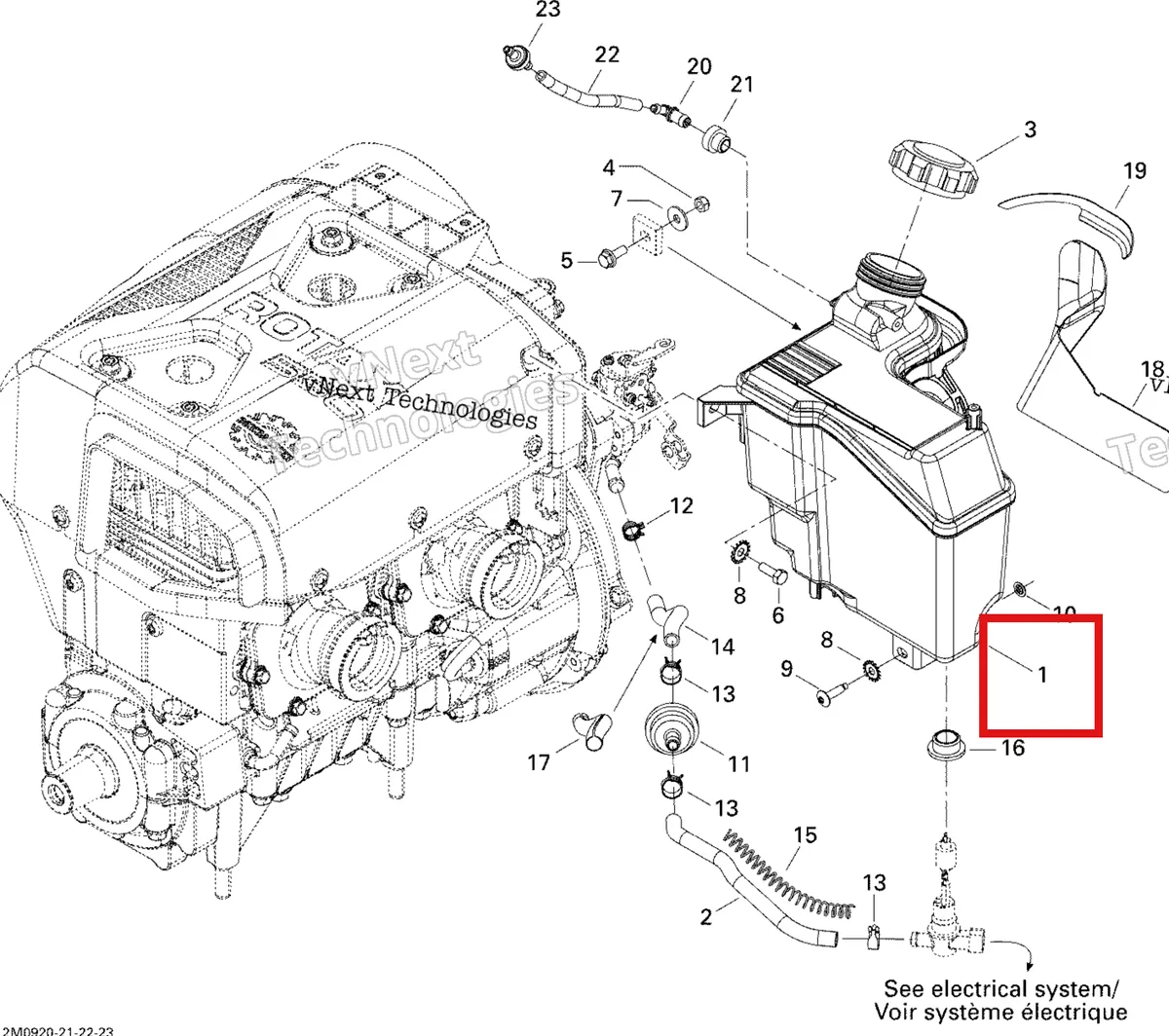 Деталь 519000073 (Масляный Бак) на схеме узла 2009 Ski-Doo GSX Fan Oil System