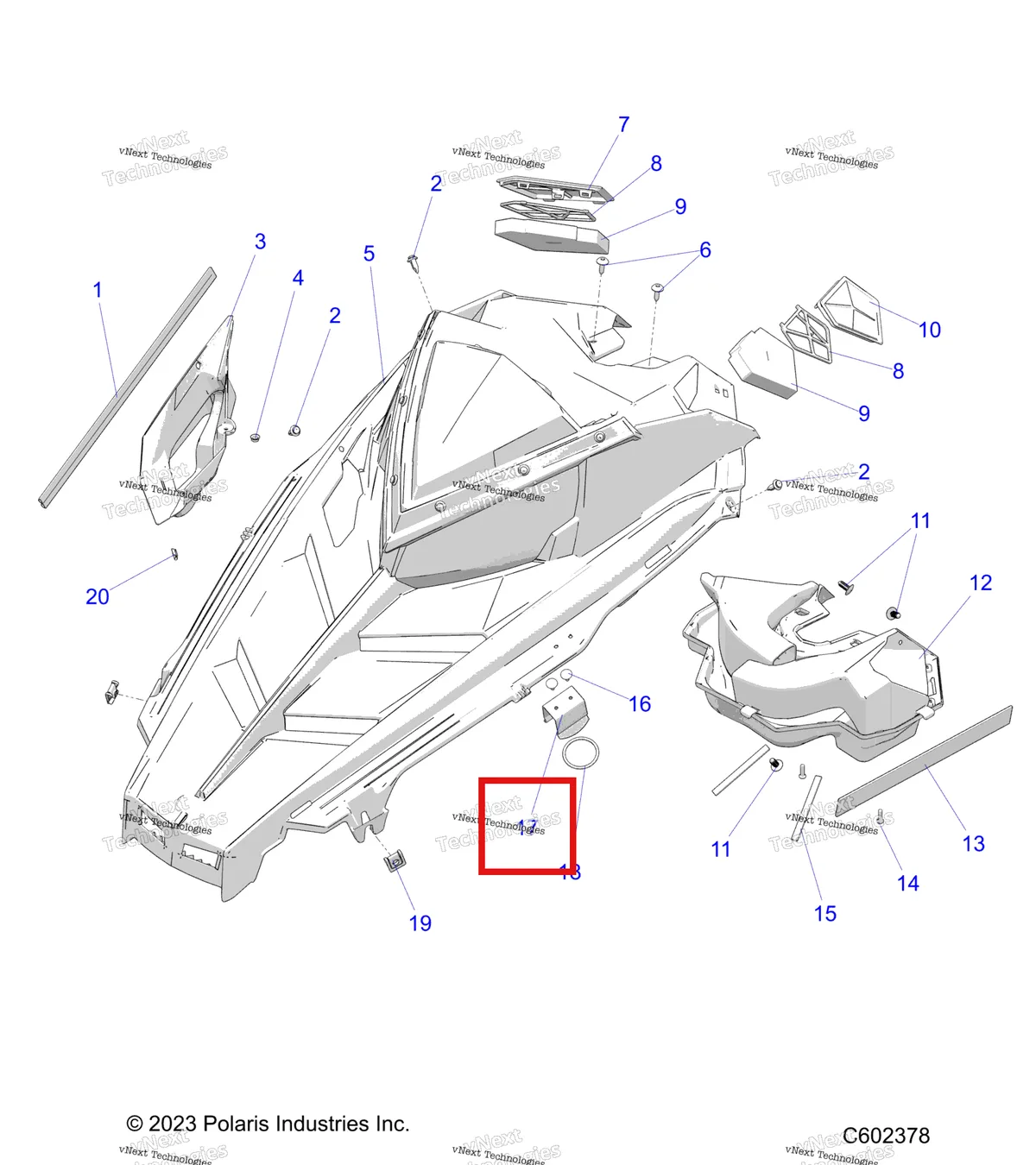 Деталь 5222769 (Ремень фиксатор клипса Polaris Widetrak LX (2006) (5222769)) на схеме узла Body, Hood Asm