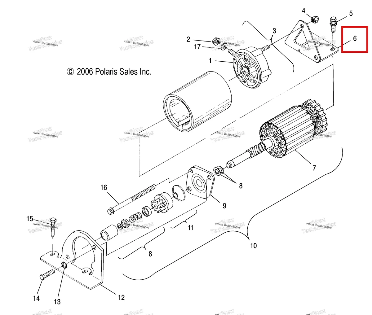Деталь 5240956 (Задний стартер кронштейн Polaris Widetrak LX (2006) (5240956)) на схеме узла Engine, Starting Motor