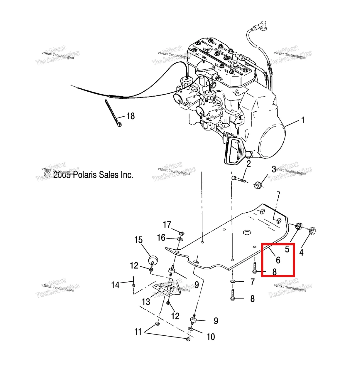 Деталь 5242496 (MOTOR опора пластина Polaris Widetrak LX (2006) (5242496)) на схеме узла Engine, Mounting & Short Block