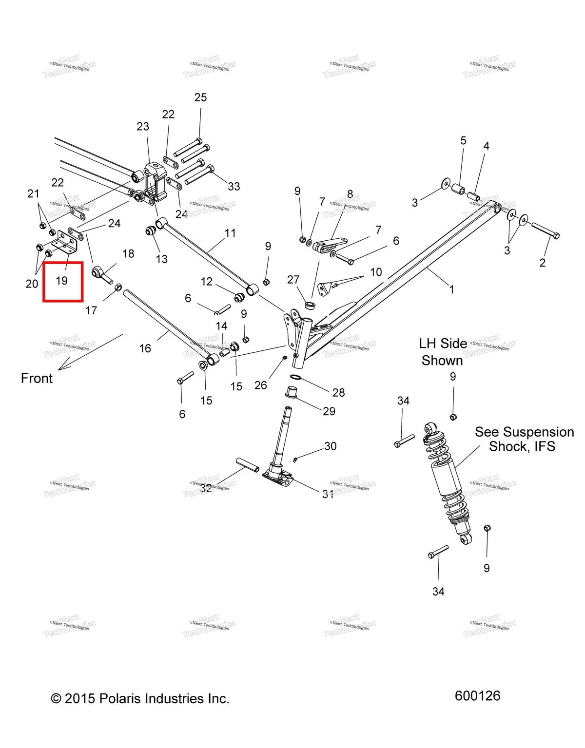 Деталь 5242578 (Кронштейн RAD тяга BTM Polaris Widetrak LX (2006) (5242578)) на схеме узла Suspension, Front