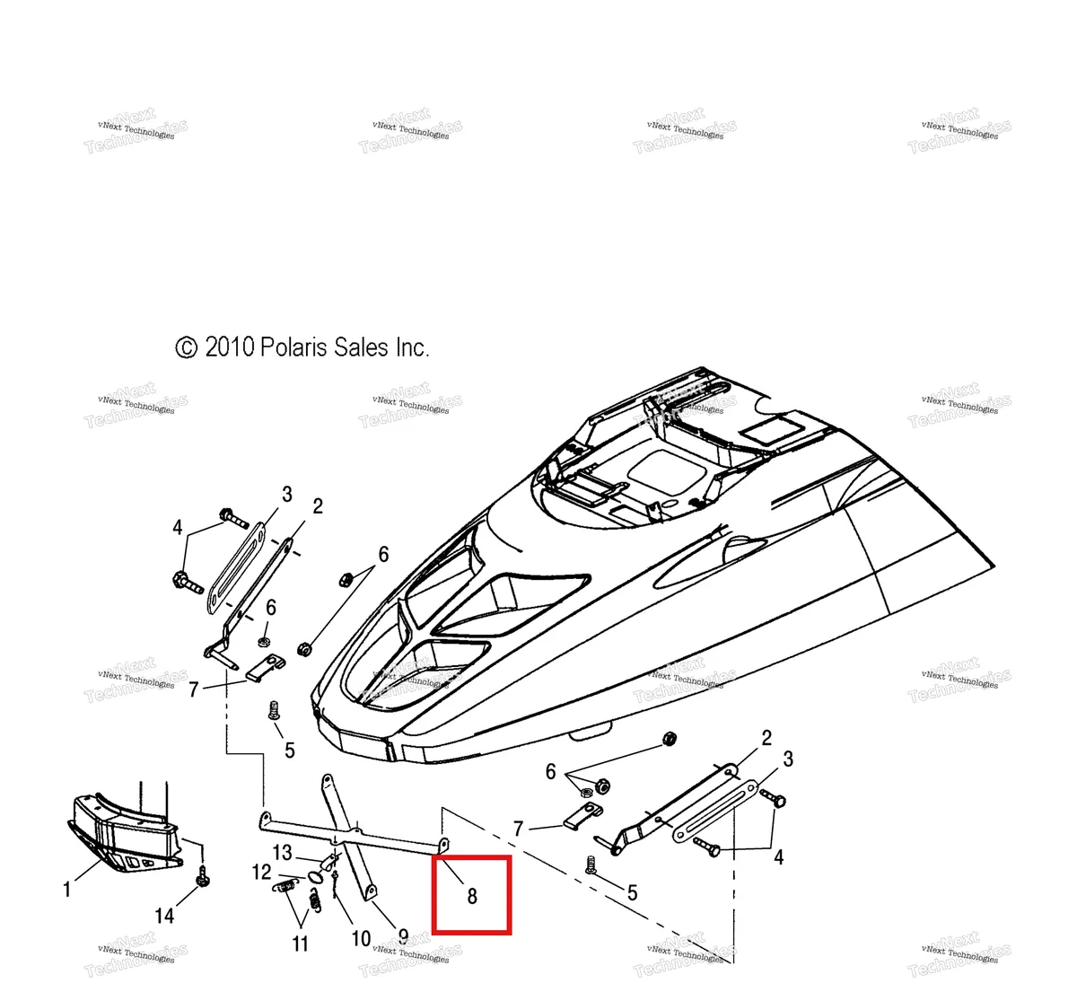 Деталь 5242945 (Распорка капот верхний Polaris Widetrak LX (2006) (5242945)) на схеме узла Body, Hood Hinge & Brace Asm. (49Snowhoodmtg11widelx