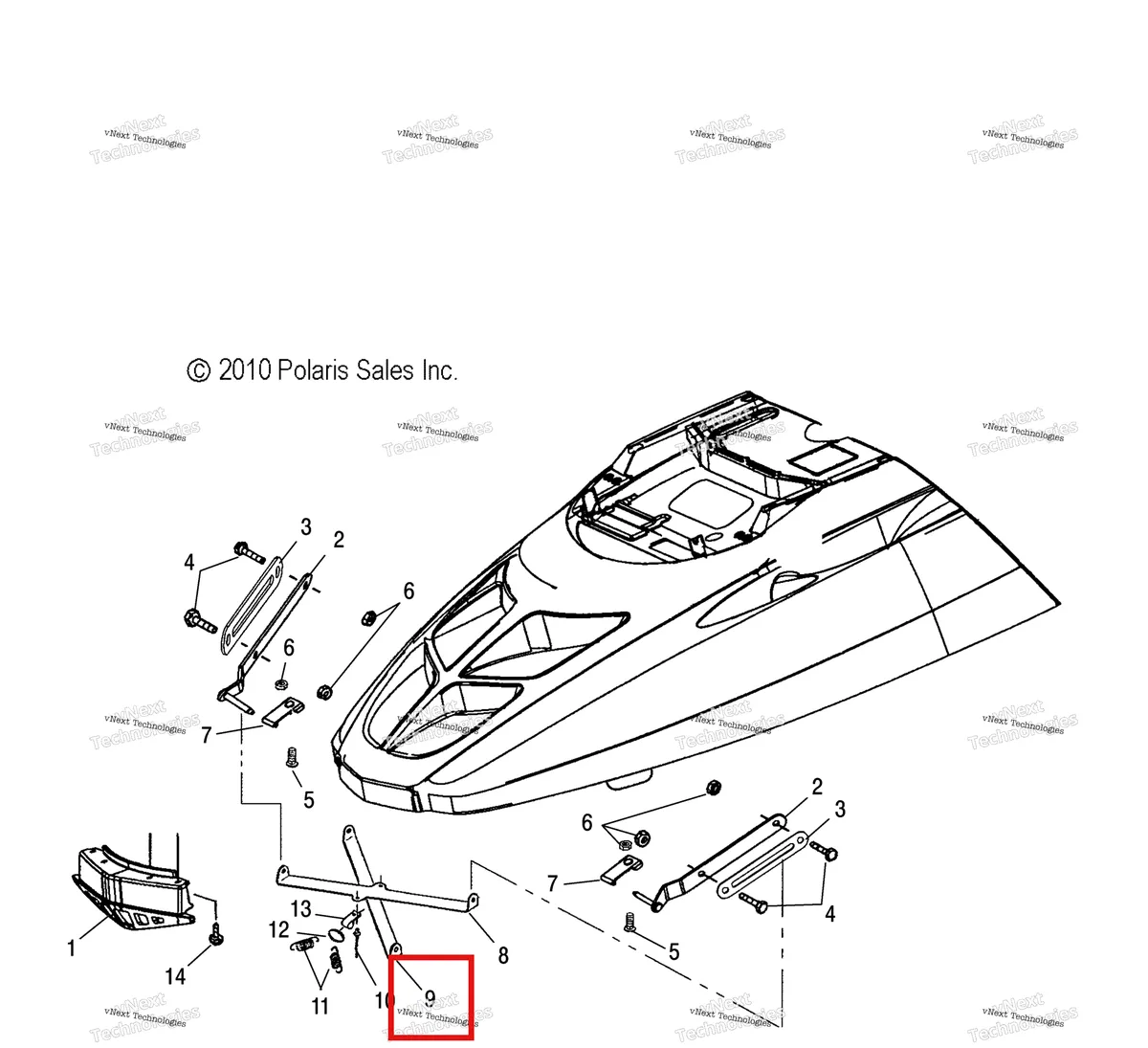 Деталь 5242946 (Распорка капот нижний Polaris Widetrak LX (2006) (5242946)) на схеме узла Body, Hood Hinge & Brace Asm. (49Snowhoodmtg11widelx