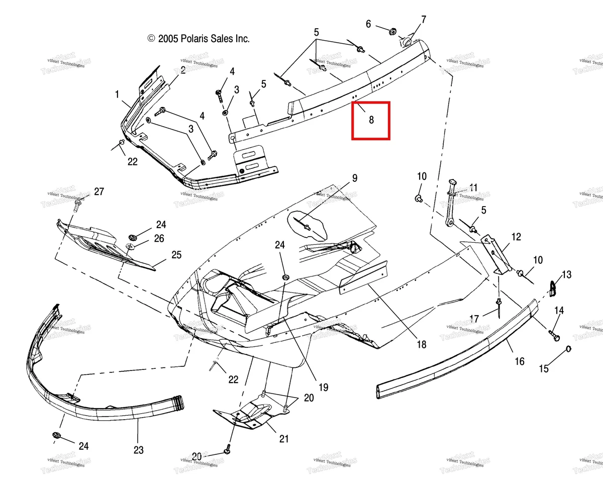 Деталь 5243006 (Капот направляющая правый Polaris Widetrak LX (2006) (5243006)) на схеме узла Nosepan