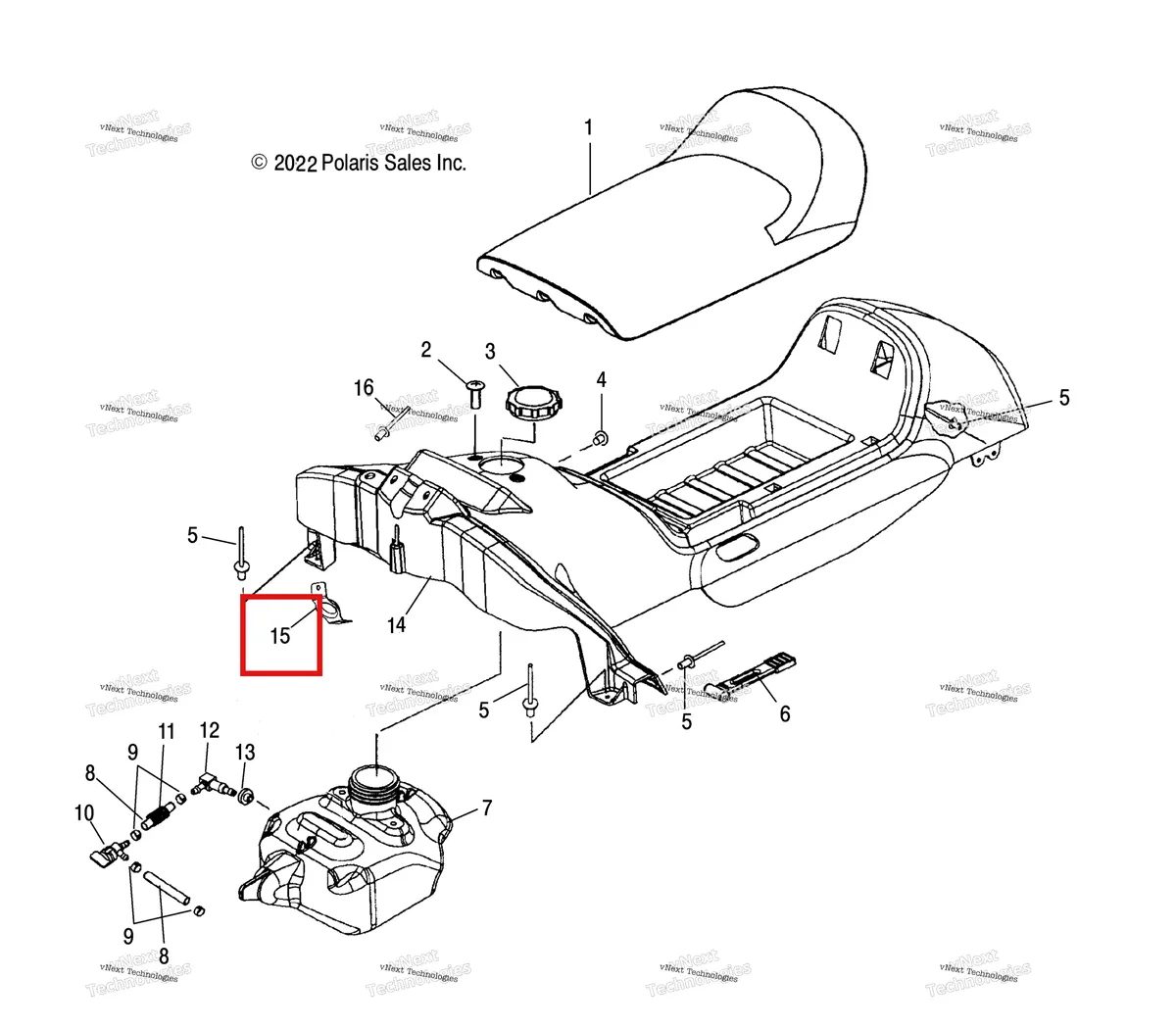 Деталь 5243049 (Ручной стартер направляющая Polaris Widetrak LX (2006) (5243049)) на схеме узла Body, Seat, Fuel Tank & Console