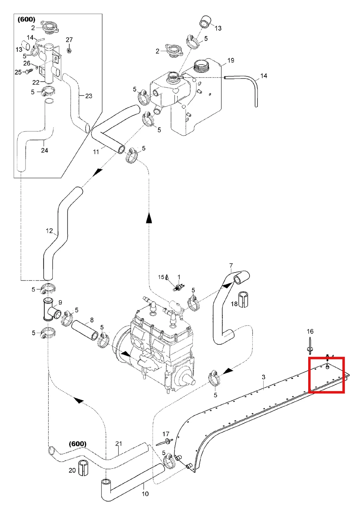 Деталь 5243707 (Деталь Radiator Outlet Hose) на схеме узла 01- Radiator, Hoses