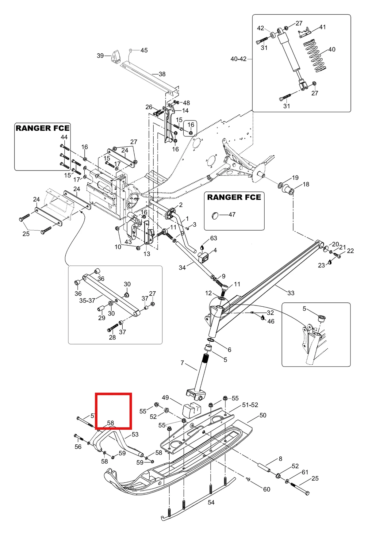 Деталь 5247300 (Деталь Lower Arm, Red. Includes Items 35 Thru 37) на схеме узла 08- Front Suspension