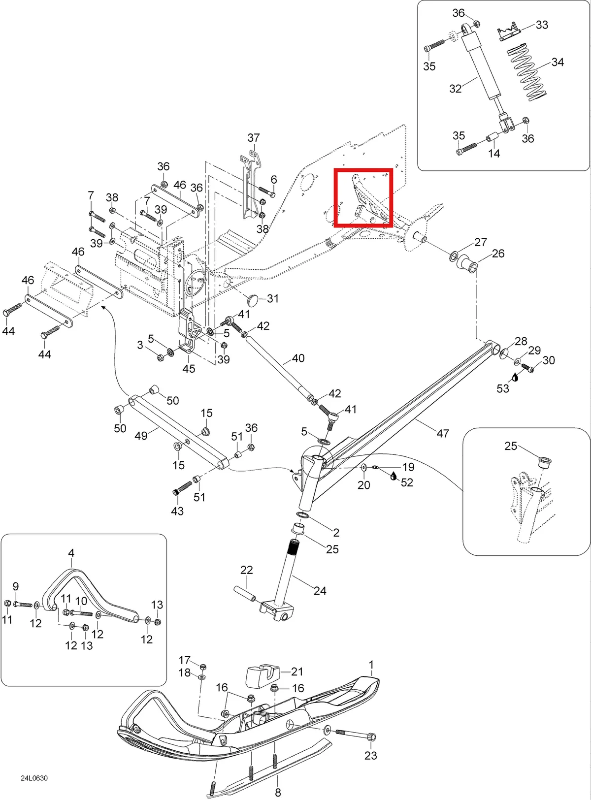 Деталь 5247702 (Деталь Shock Bracket. Ranger 550) на схеме узла 07- Front Suspension And Ski