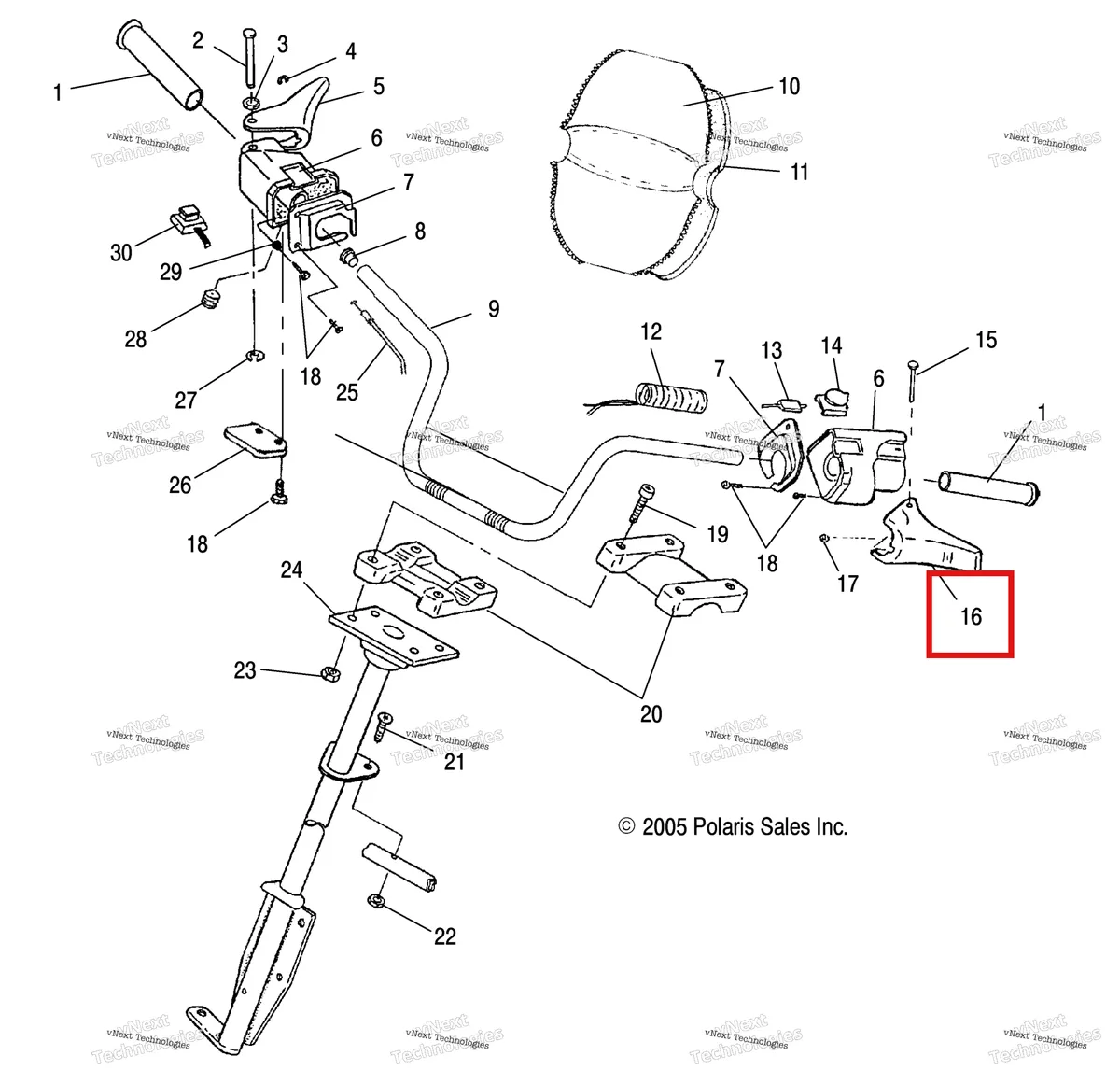 Деталь 5430602 (Рычаг тормоз Polaris Widetrak LX (2006) (5430602)) на схеме узла Steering/Handlebar