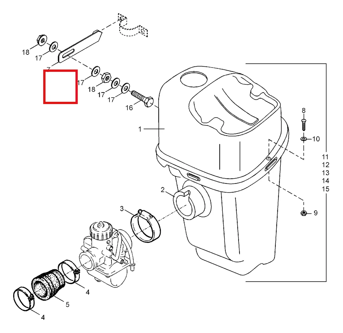 Деталь 5443340 (Деталь Retainer For Air Box) на схеме узла 01- Air Silencer