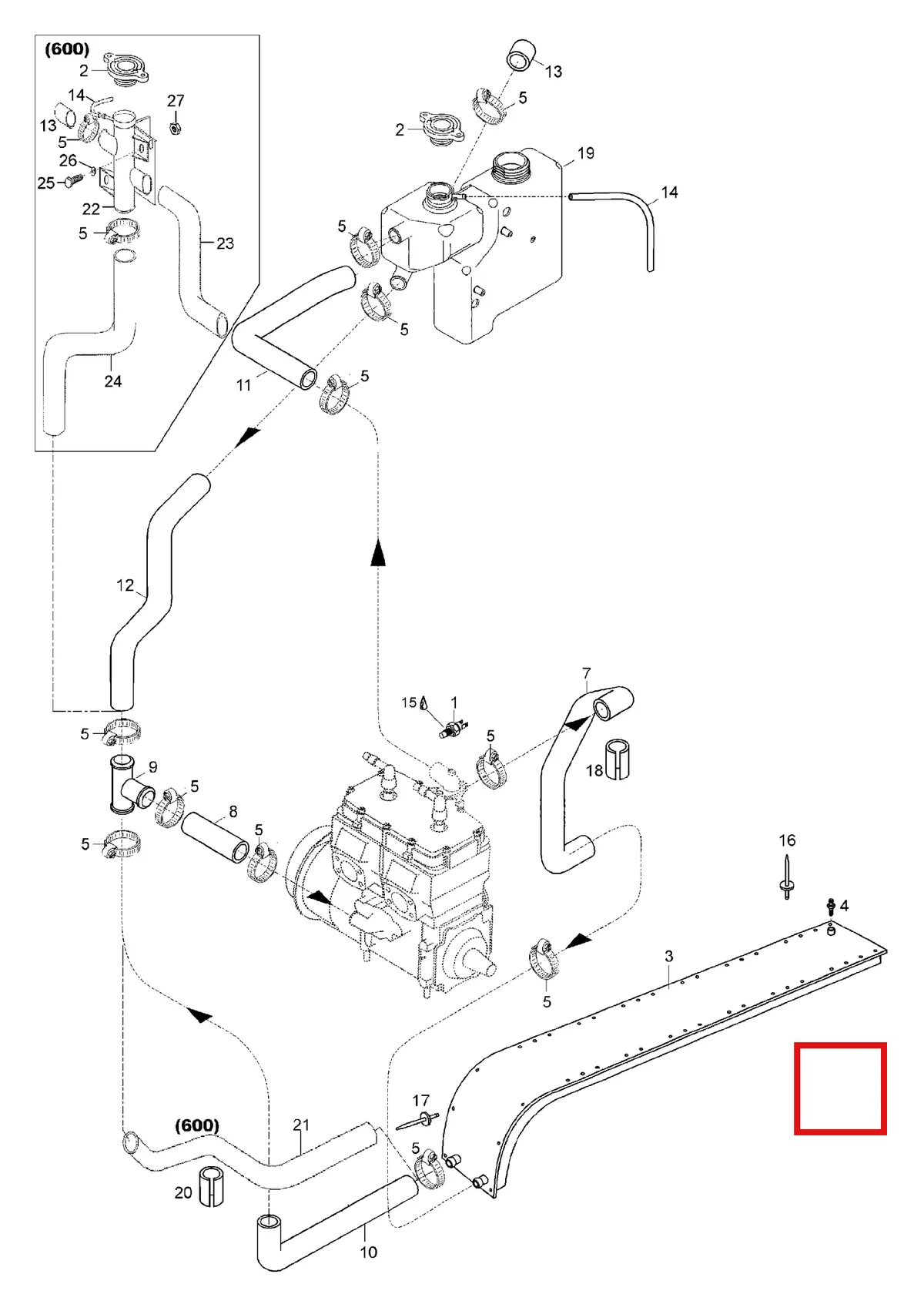 Деталь 5443705 (Деталь Cover Hose) на схеме узла 01- Radiator, Hoses