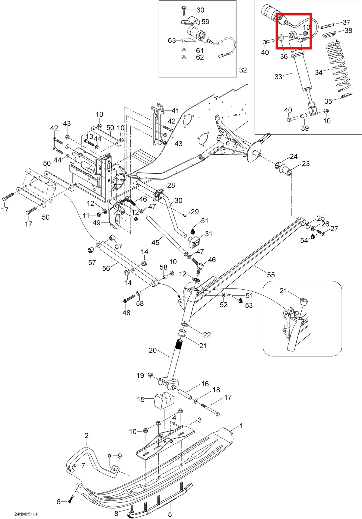 Деталь 5446702 (Держатель) на схеме узла 07- Front Suspension And Ski, 400RC