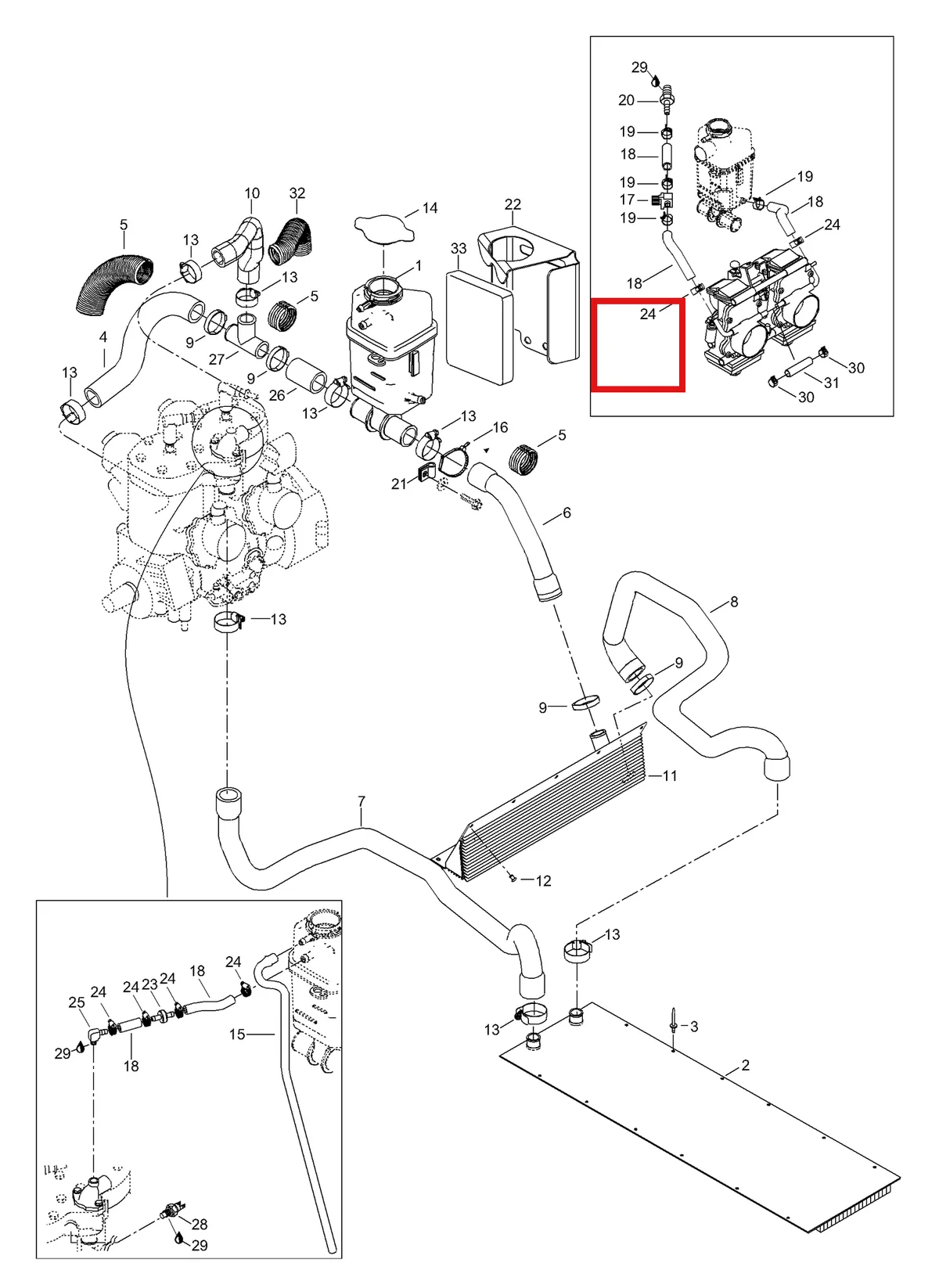 Деталь 5448229 (Деталь Heat Protector) на схеме узла 01- Radiator, Hoses