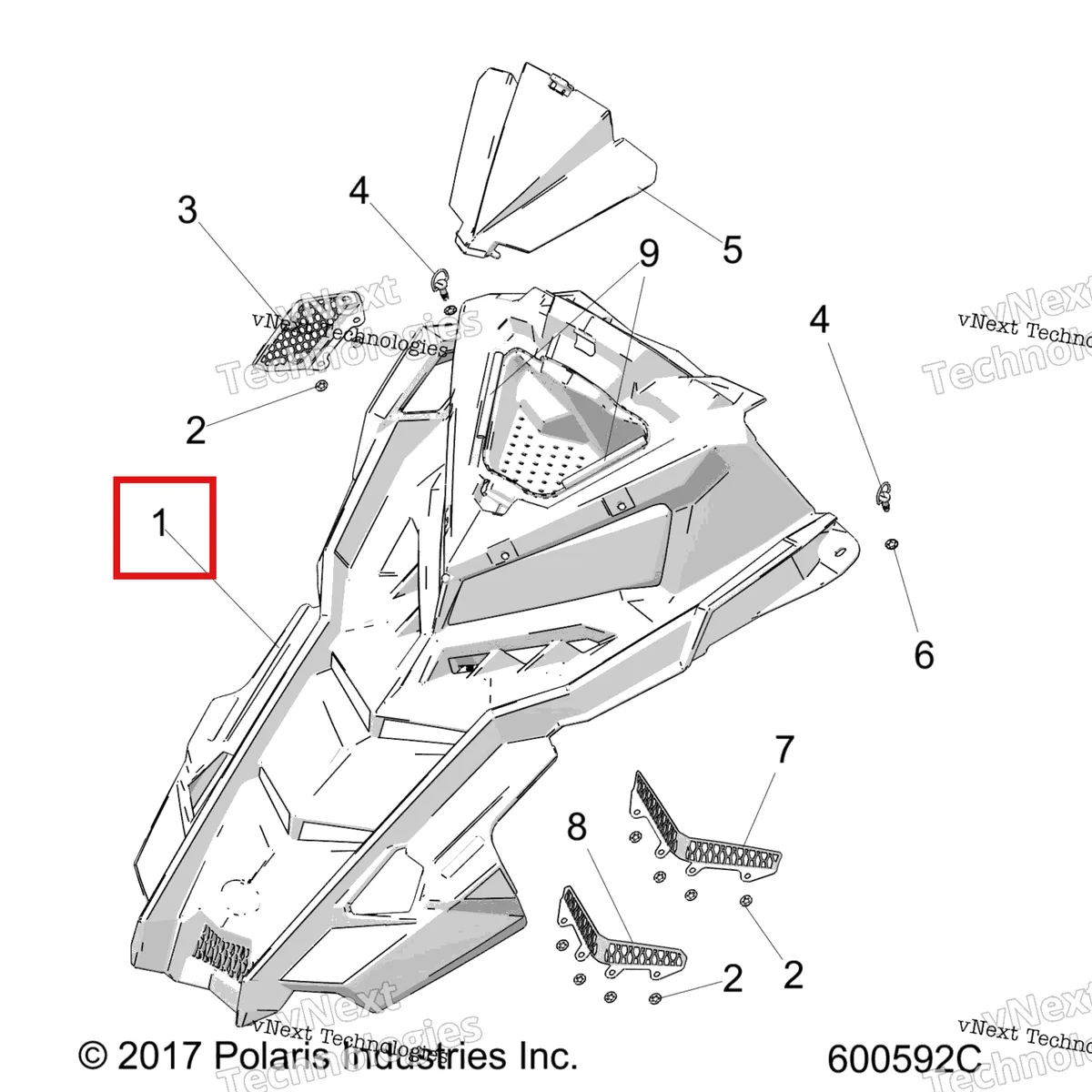 Деталь 5451237-666 (Капот чёрный PEARL снежный обратный также заказ 2635485 Polaris 800 AXYS Pro RMK LE 155 (2017) (5451237-666)) на схеме узла Body, Hood Asm. All Options