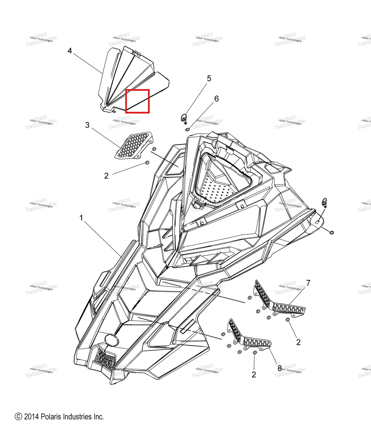 Деталь 5451241-647 (LID STORAGE оранжевый BURST снежный обратный Polaris 800 AXYS Pro RMK LE 155 (2017) (5451241-647)) на схеме узла Body, Hood Asm. All Options