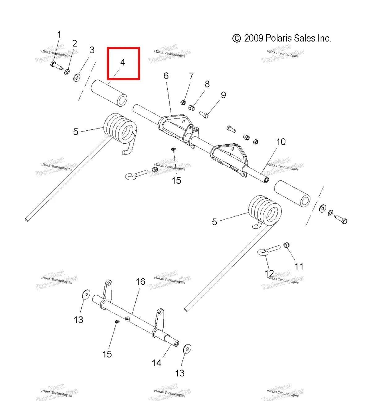 Деталь 5521277 (Проставка пружина Polaris Widetrak LX (2006) (5521277)) на схеме узла Suspension, Torque Arm, Rear & Pivot Arm