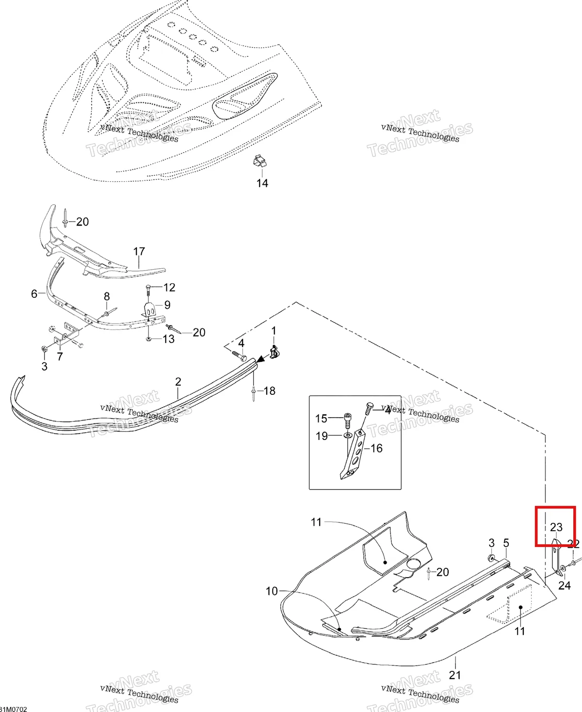 Деталь 570027100 (Защёлка) на схеме узла 2007 Ski-Doo Skandic SWT 550F Bottom Pan Swt 550