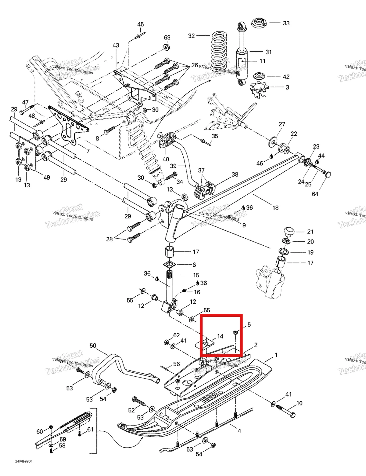 Деталь 570053300 на схеме узла 1999 Ski-Doo Formula Deluxe 500 LC/583/670 Front Suspension And Ski