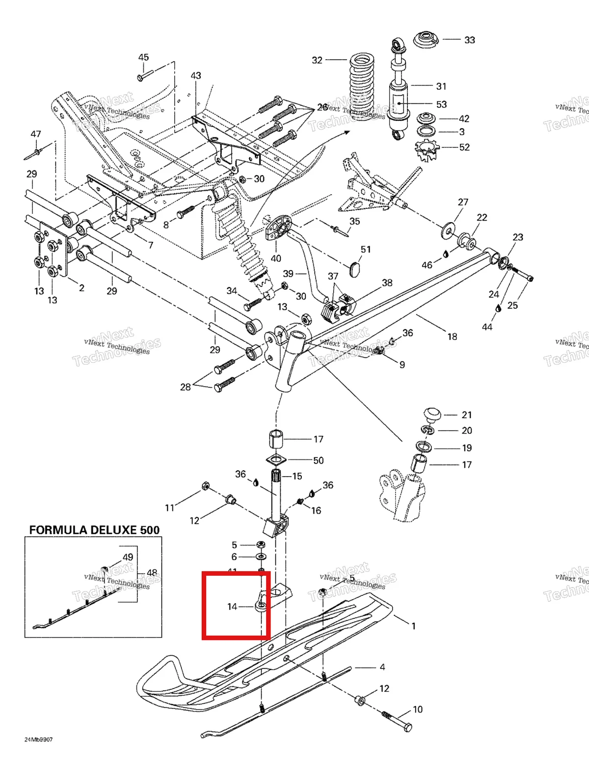 Деталь 570053500 (Деталь Ski Stopper) на схеме узла 1999 Ski-Doo Formula Deluxe 380/500 Front Suspension And Ski